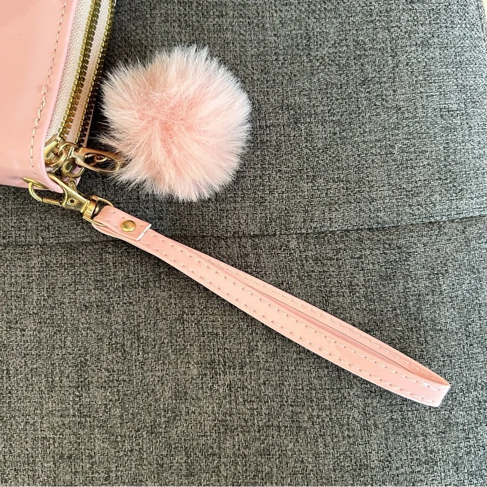 Pink Patent Butterfly Double Zip Around Wallet / Wristlet with Pom Pom Charm